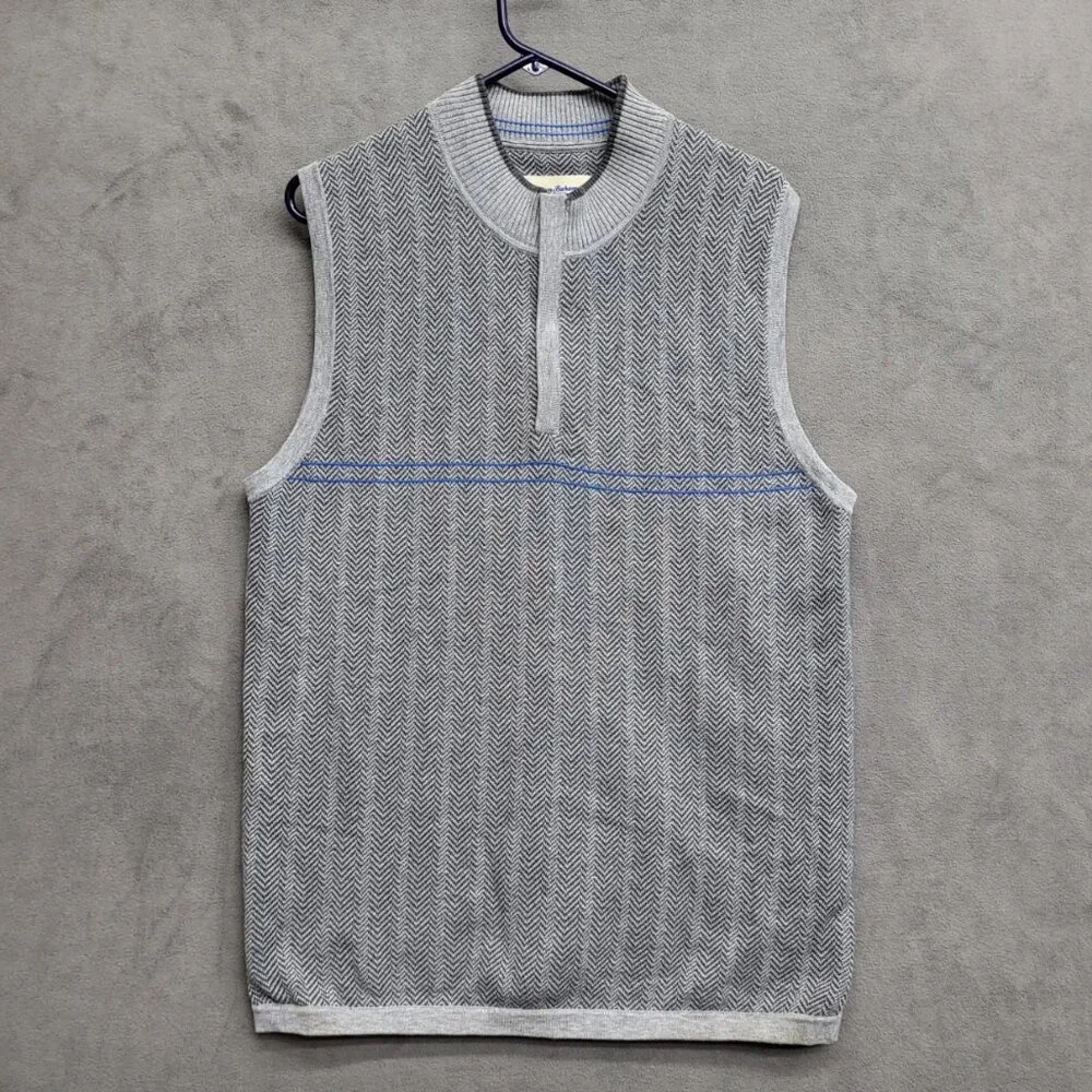 Tommy Bahama Gray Herringbone Sweater‎ Vest Mens Sz M Quarter Zip Casual Preppy